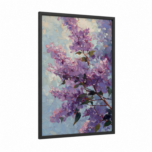 Purple Lilac Bloom framed art print — black wood frame — purple and blue palette