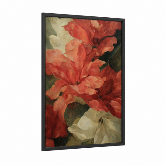 Crimson Poinsettias framed art print — black wood frame — red and cream palette