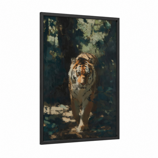 Shadowed Tiger framed art print — black wood frame — dark green and gold palette