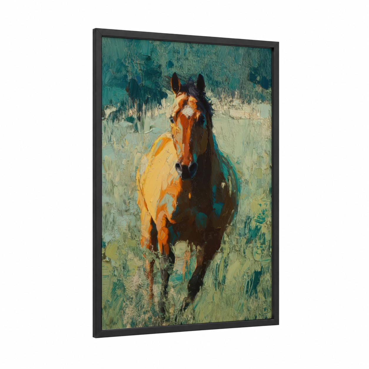 Golden Quarter Horse framed art print — black wood frame — gold and teal palette