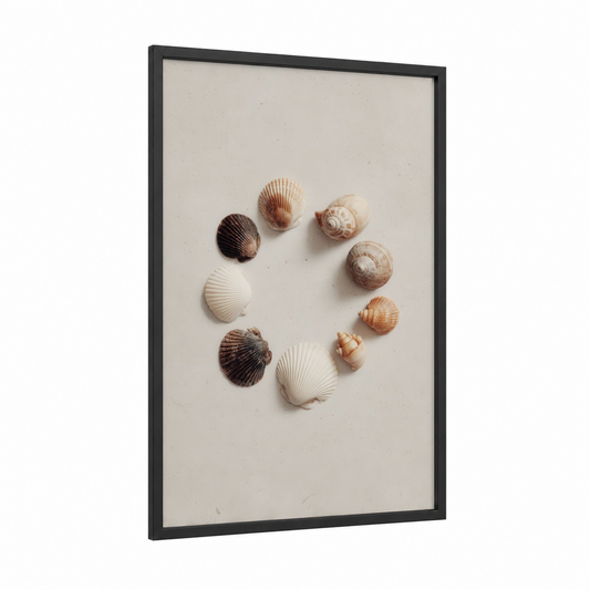 Neutral Seashell Circle framed art print — black wood frame — cream and nobel palette