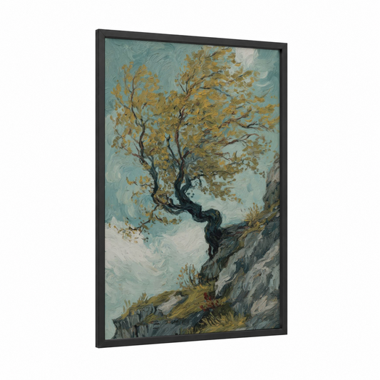 Windswept Willow framed willow tree print — black wood frame — sage green and gold palette