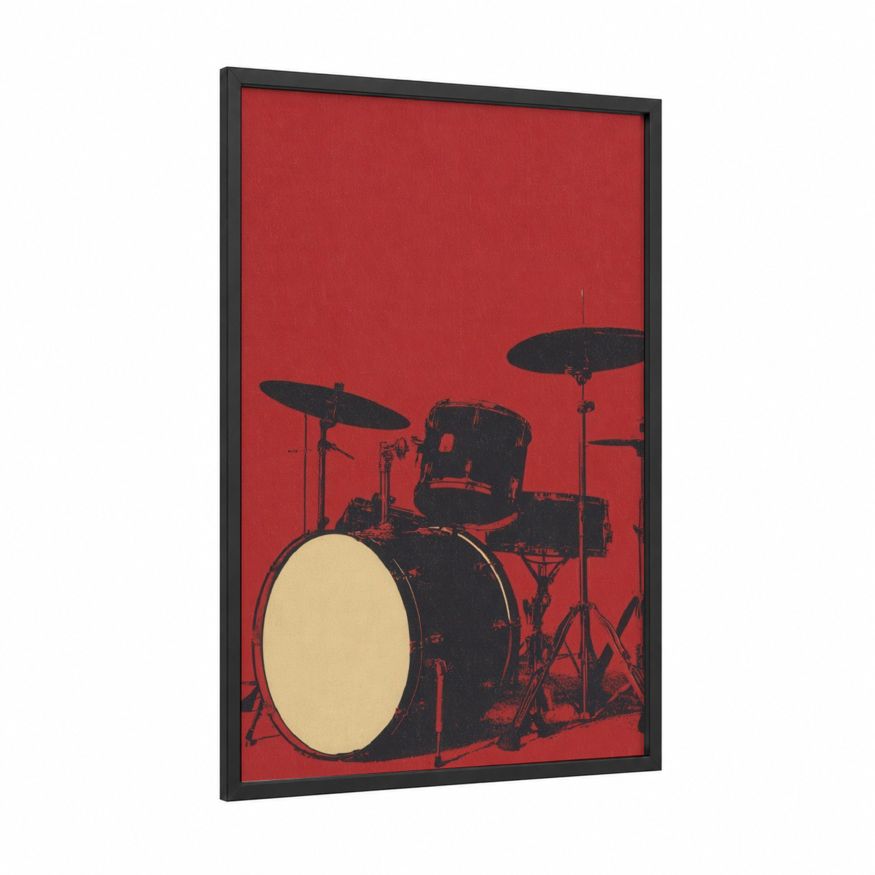 Red Drum Kit framed drums print — black wood frame — red and black palette