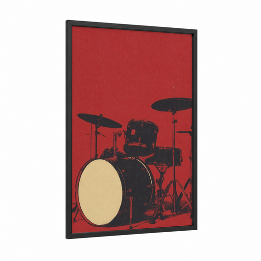 Red Drum Kit framed drums print — black wood frame — red and black palette