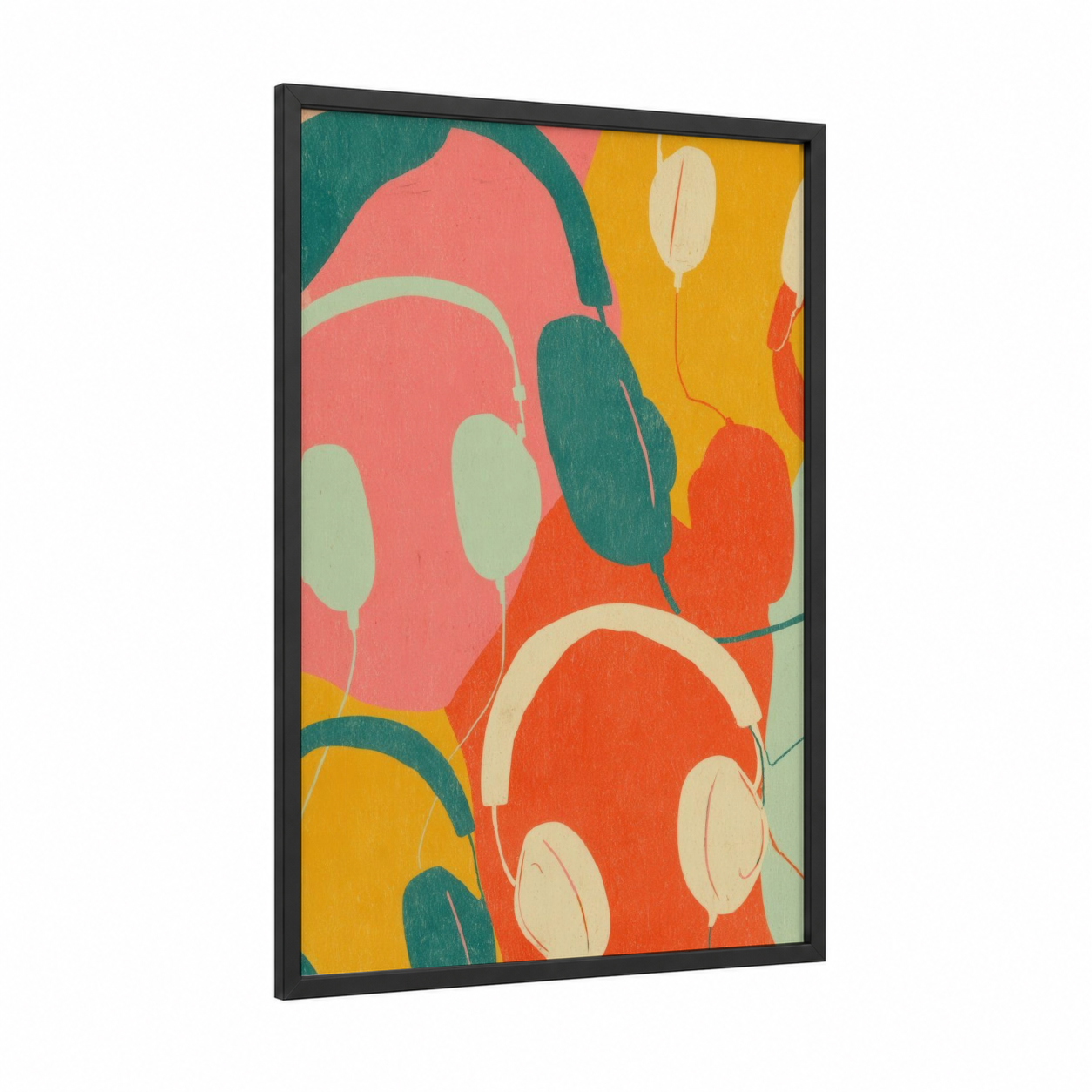 Colorful Headphones framed art print — black wood frame — pink and teal palette