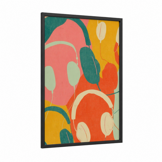 Colorful Headphones framed art print — black wood frame — pink and teal palette