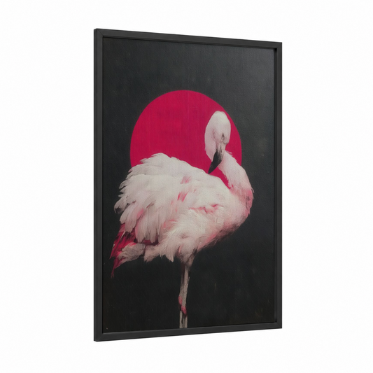 Crimson Flamingo framed art print — black wood frame — pink and black and gold palette