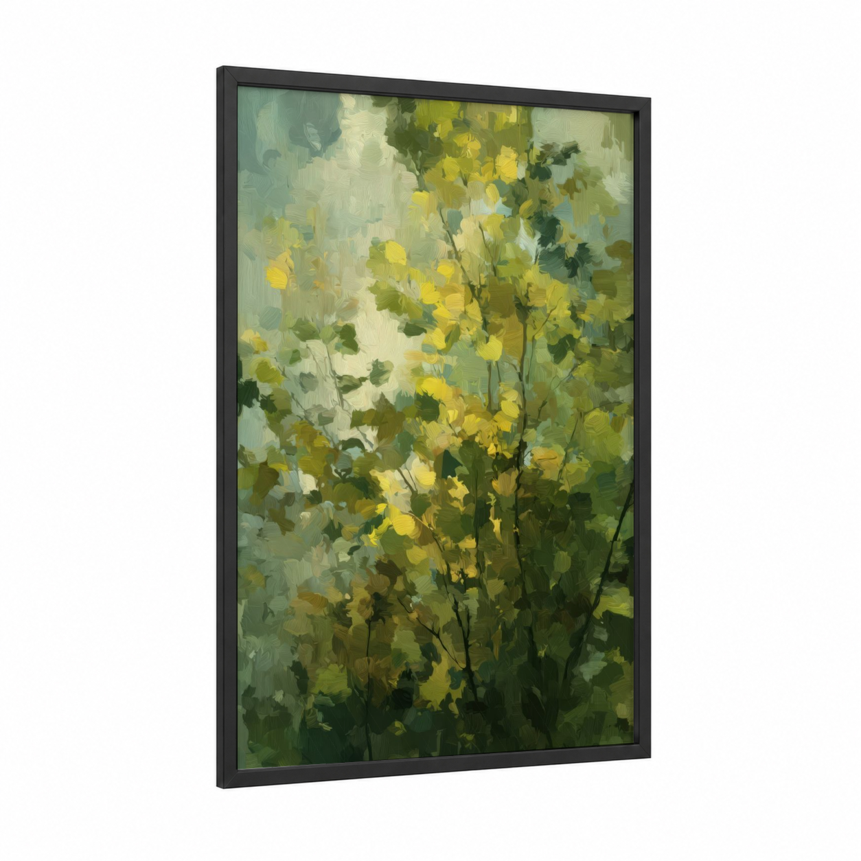 Golden Leaf Abundance framed art print — black wood frame — yellow gold and green palette