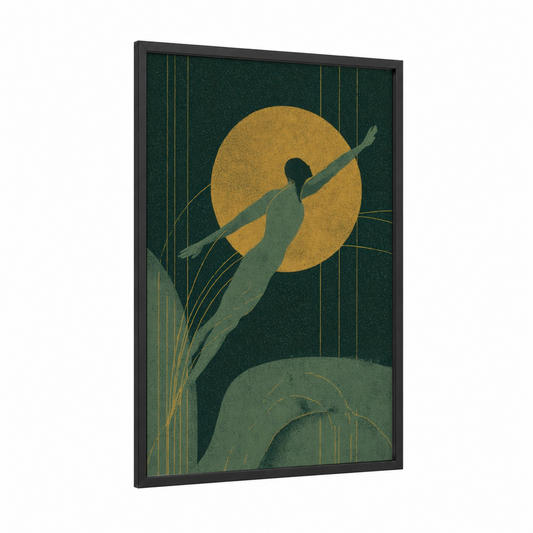 Golden Swimmer framed swimming print — black wood frame — gold and dark green palette