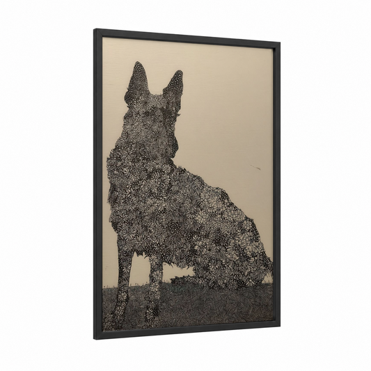 Floral Shepherd framed shepherd dogs and collies print — black wood frame — black and white and beige palette