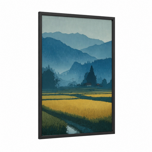 Golden Grain Valley framed art print — black wood frame — blue and yellow gold palette