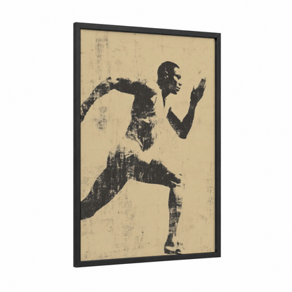 Sprinting Athlete framed track and field print — black wood frame — black and white and cream palette