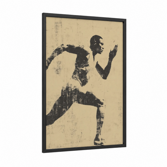 Sprinting Athlete framed track and field print — black wood frame — black and white and cream palette