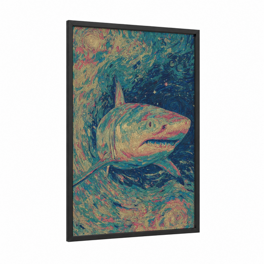 Starry Shark framed bull shark print — black wood frame — teal and rose gold palette