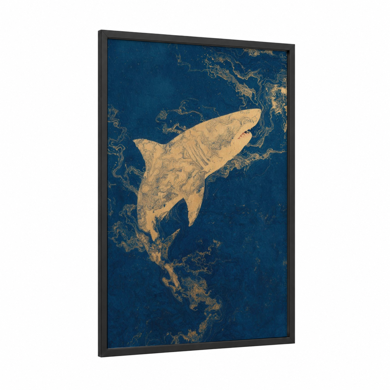 Golden Great White framed great white shark print — black wood frame — gold and dark blue palette