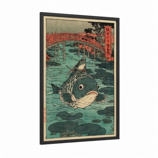 Ethereal Dragon Fish framed art print — black wood frame — teal and red palette