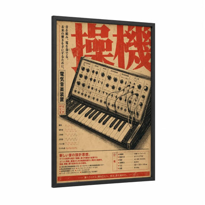 Vintage Japanese Synthesizer Poster Wall Art framed keyboard print — black wood frame — beige and red palette
