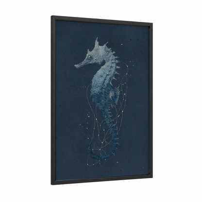 Celestial Seahorse framed sea horse print — black wood frame — dark blue and gold and white palette
