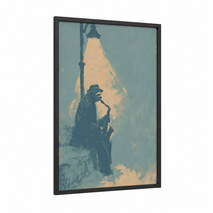 Saxophonist Sloth framed art print — black wood frame — dove gray and cream palette