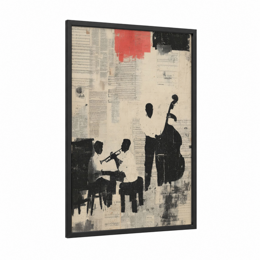 Jazz Ensemble framed art print — black wood frame — black and red and cream palette