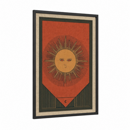 Celestial Sun Card framed card game print — black wood frame — red and gold palette
