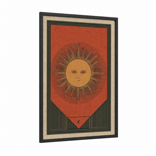 Celestial Sun Card framed card game print — black wood frame — red and gold palette