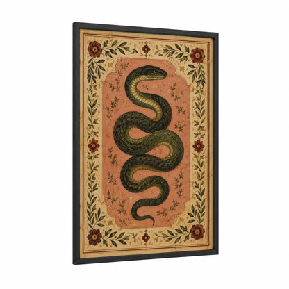 Vintage Botanical Snake Wall Art framed art print — black wood frame — peach and olive palette