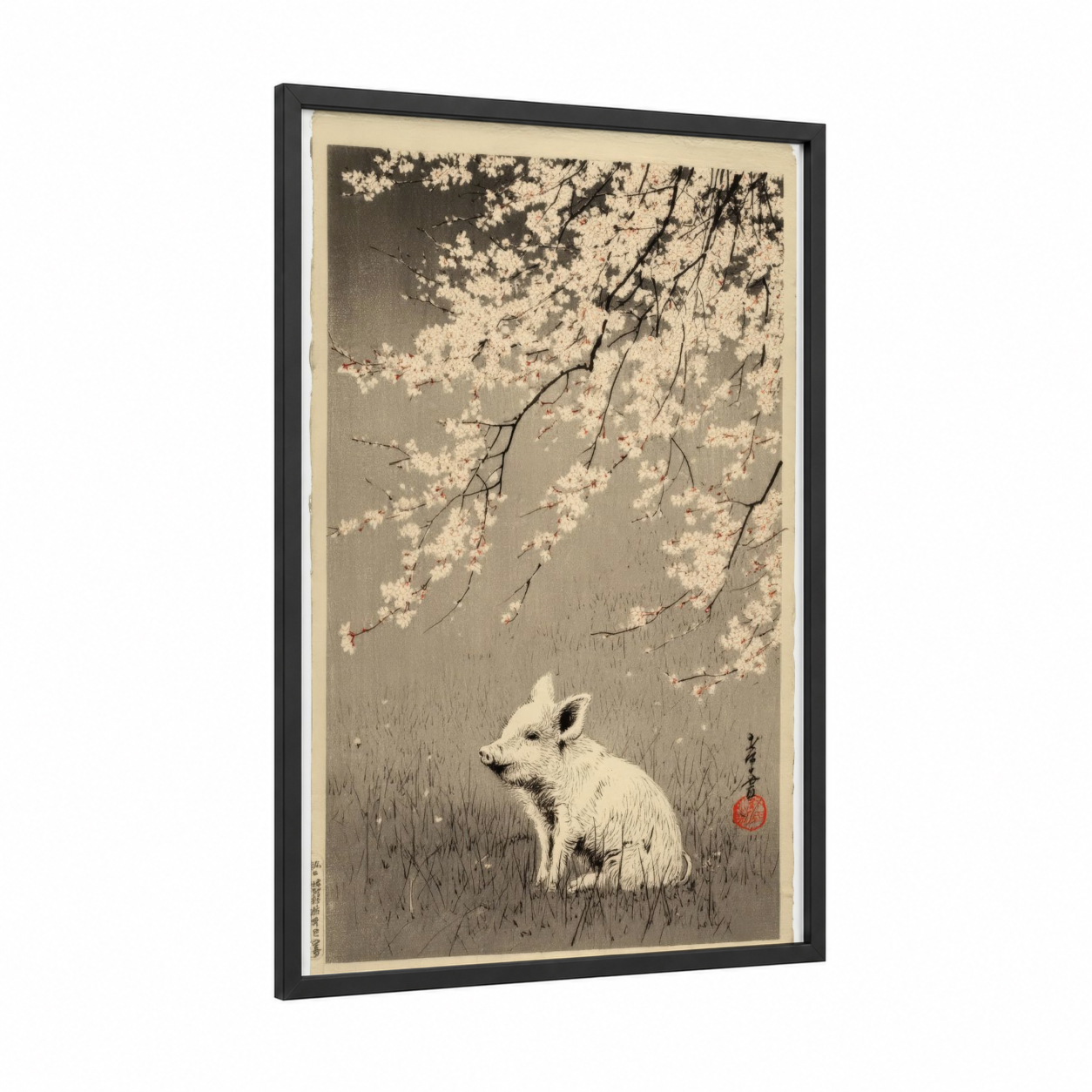 Cherry Blossom Pig framed art print — black wood frame — cream and black and white palette