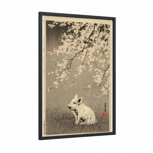 Cherry Blossom Pig framed art print — black wood frame — cream and black and white palette