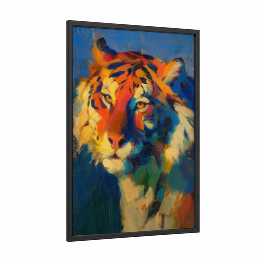 Colorful Tiger framed art print — black wood frame — orange and blue palette
