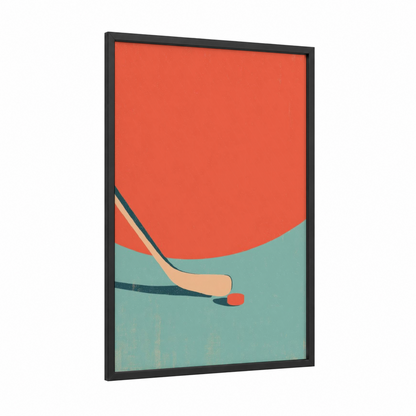 Minimalist Hockey framed ice hockey print — black wood frame — red and teal palette