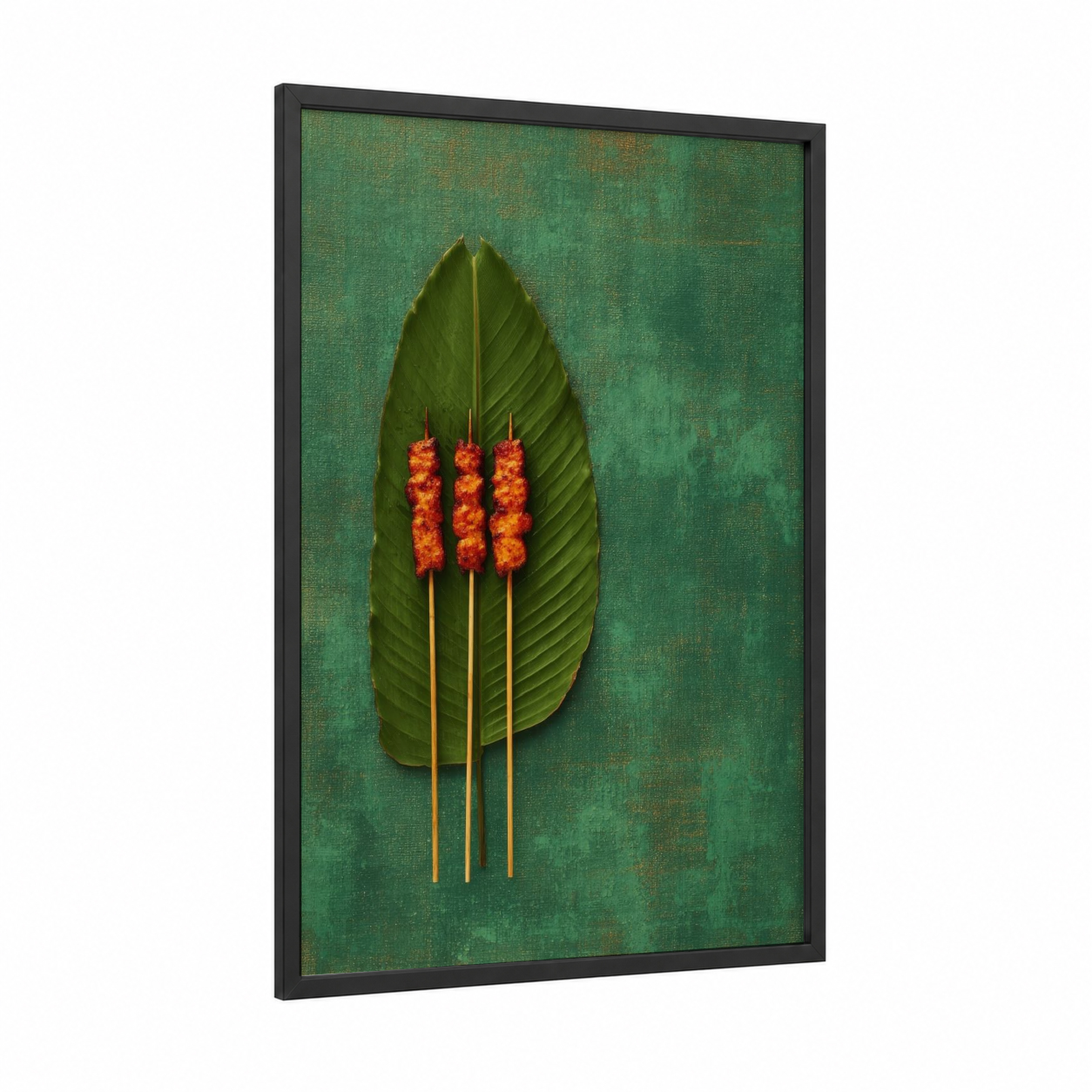 Skewered Spice framed poultry print — black wood frame — green and orange palette