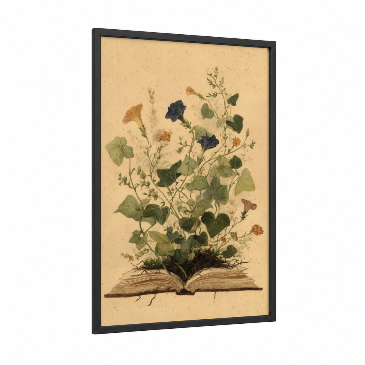 Botanical Reading framed art print — black wood frame — cream and light green palette