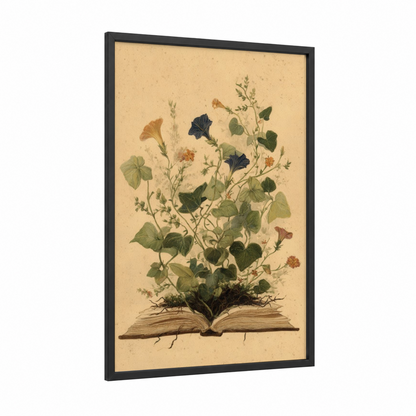 Botanical Reading framed art print — black wood frame — cream and light green palette