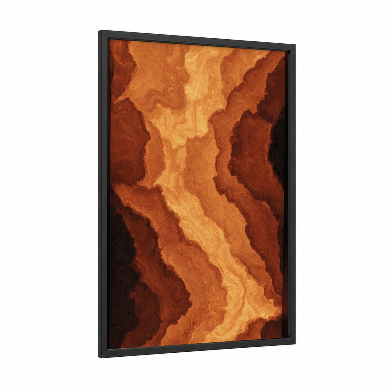 Molten Canyon framed natural stones print — black wood frame — russet and gold palette