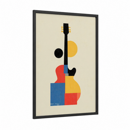 Geometric Guitar framed electric guitar print — black wood frame — red and yellow gold palette