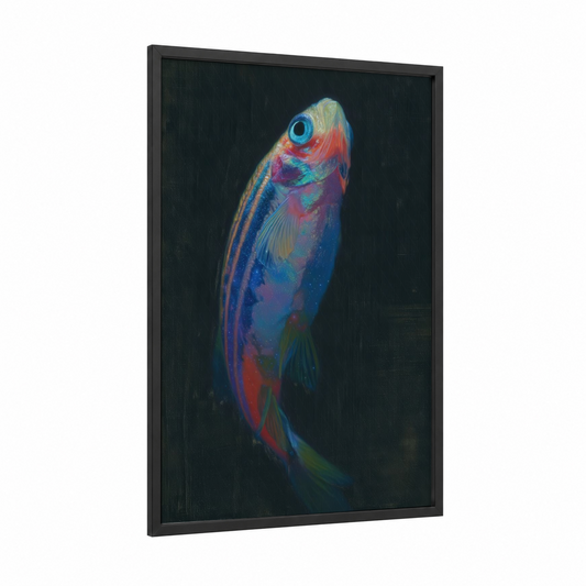 Bioluminescent Zebrafish framed art print — black wood frame — blue and magenta palette