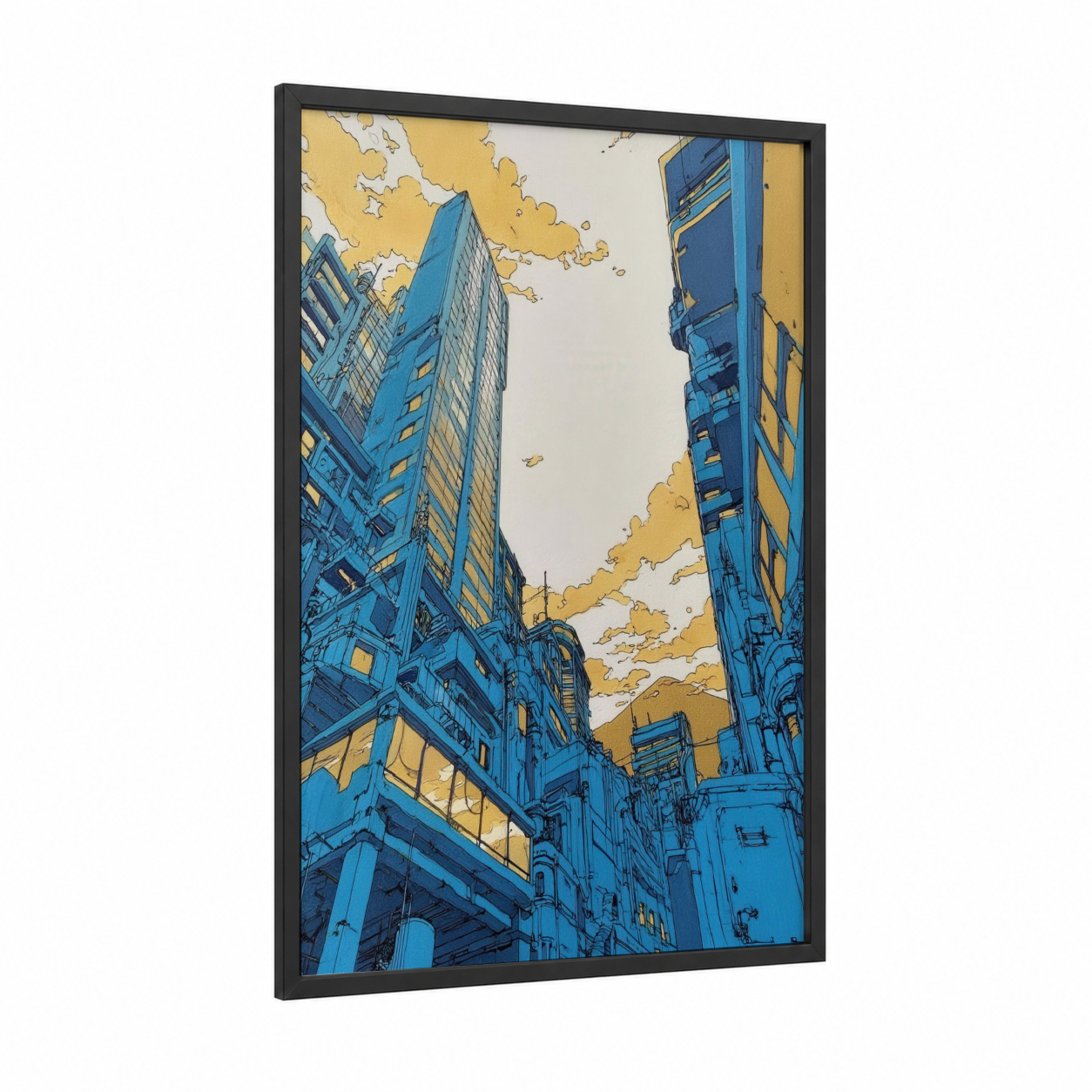 Golden Hour Towers framed abstract architecture print — black wood frame — blue and yellow gold palette