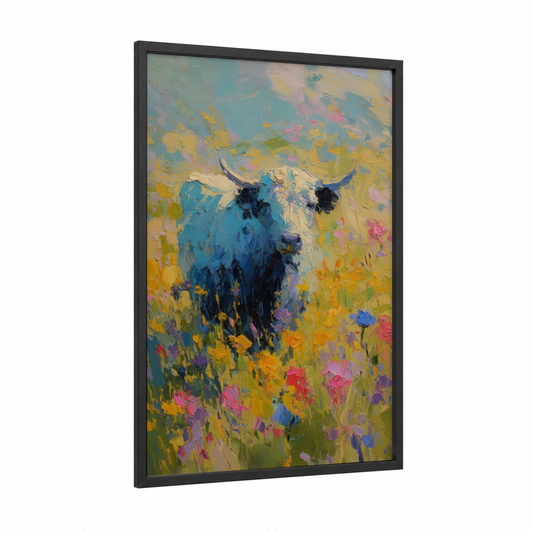 Meadow Yak framed art print — black wood frame — blue and yellow gold palette