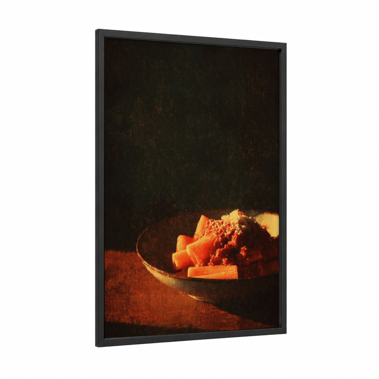 Rustic Pasta Bowl framed art print — black wood frame — orange and brown palette