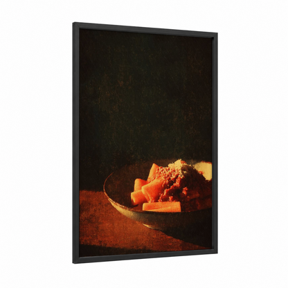 Rustic Pasta Bowl framed art print — black wood frame — orange and brown palette