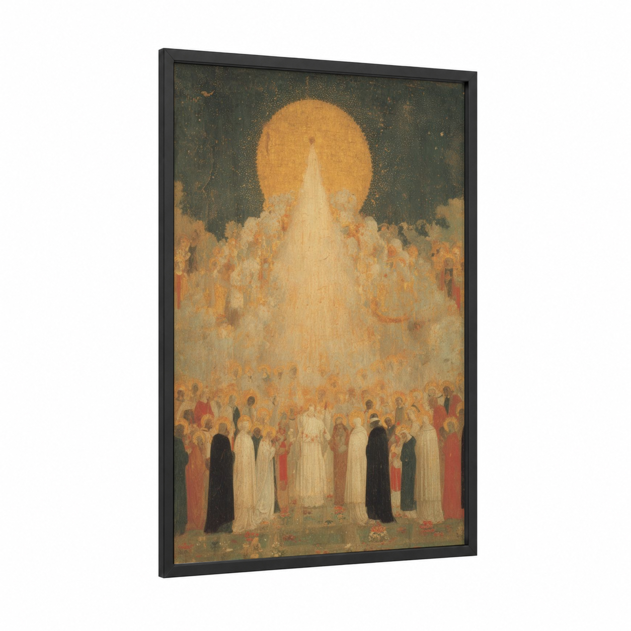Celestial Ascension framed all saints day print — black wood frame — gold and cream palette