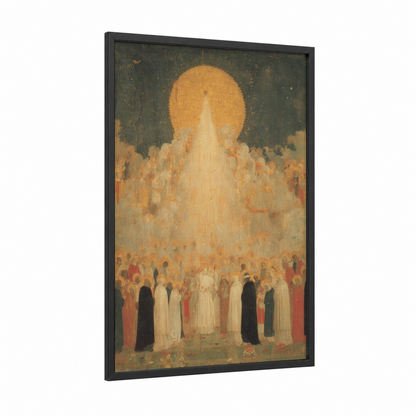 Celestial Ascension framed all saints day print — black wood frame — gold and cream palette
