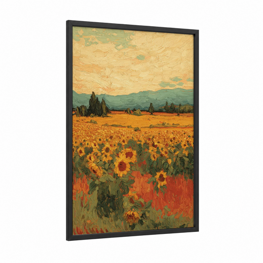 Golden Sunflower Field framed art print — black wood frame — gold and orange palette