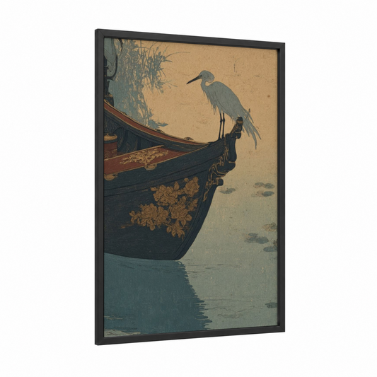 Heron Gondola framed art print — black wood frame — blue and gold palette