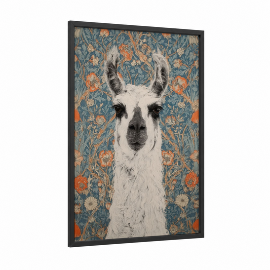 Floral Llama Portrait framed art print — black wood frame — blue and orange palette