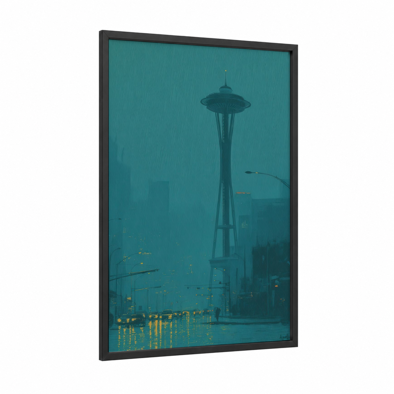 Rainy Seattle Night framed space needle (seattle) print — black wood frame — teal and gold palette
