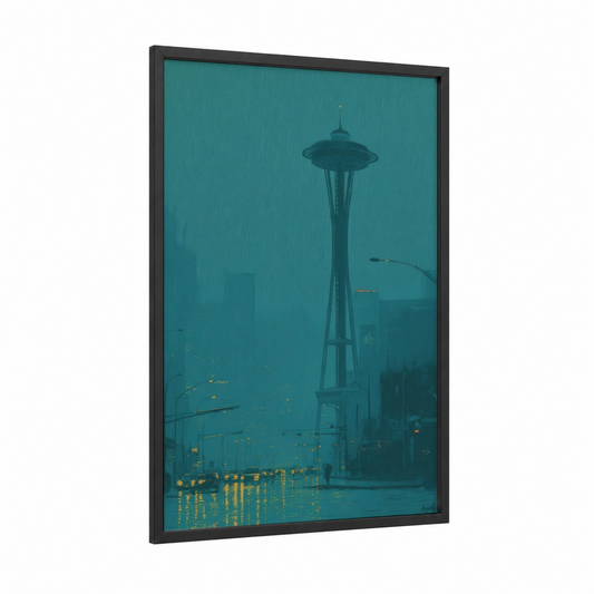 Rainy Seattle Night framed space needle (seattle) print — black wood frame — teal and gold palette