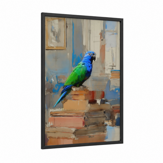 Blue Macaw Scholar framed safari parrots print — black wood frame — blue and green palette