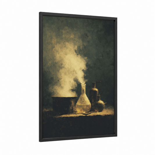 Alchemist's Brew framed dark fantasy print — black wood frame — gold and black palette